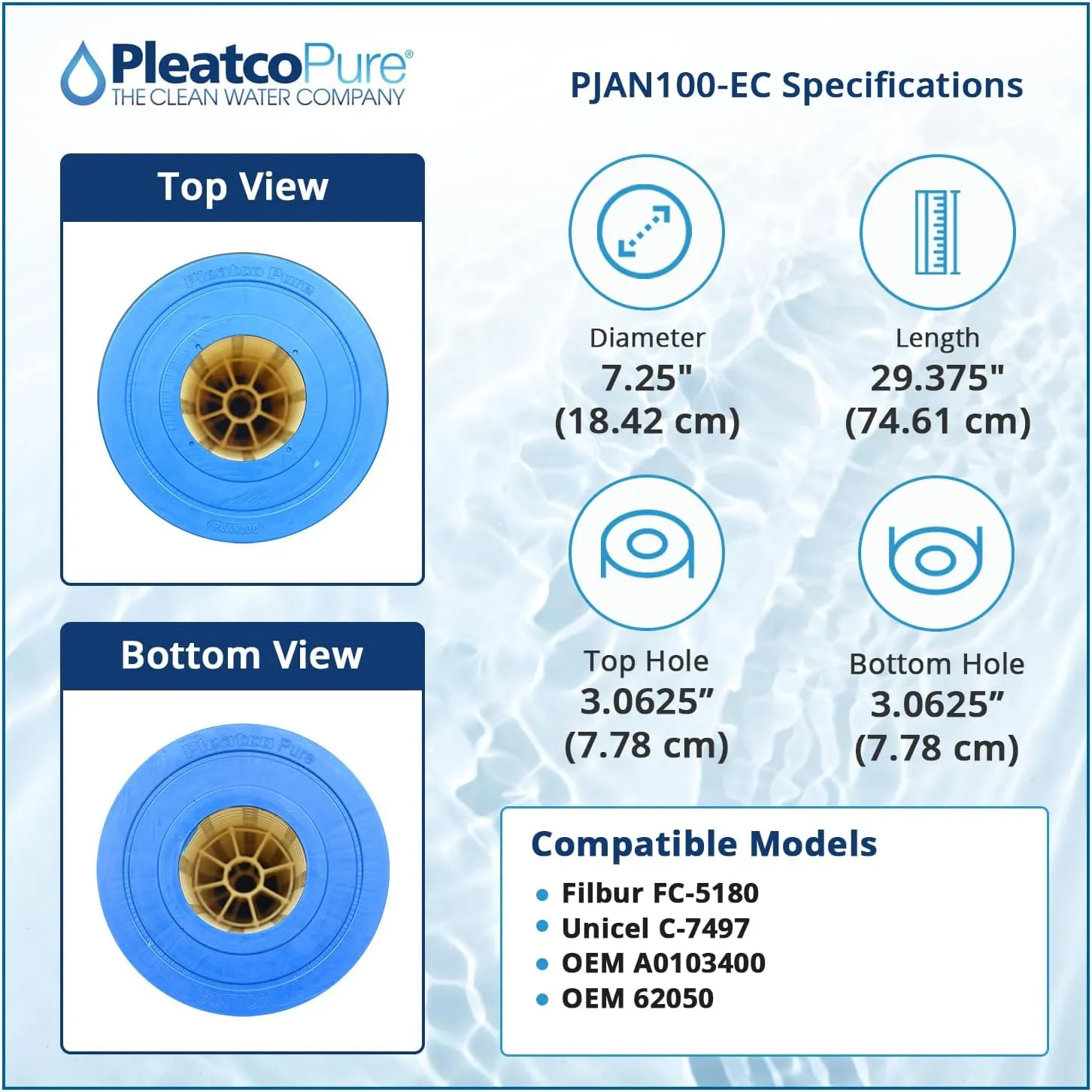 Pleatco PJAN100-EC Pool Filter Cartridge Replacement for Unicel: C-7497, Filbur: FC-5180, OEM Part Numbers: A0103400, 62050, White