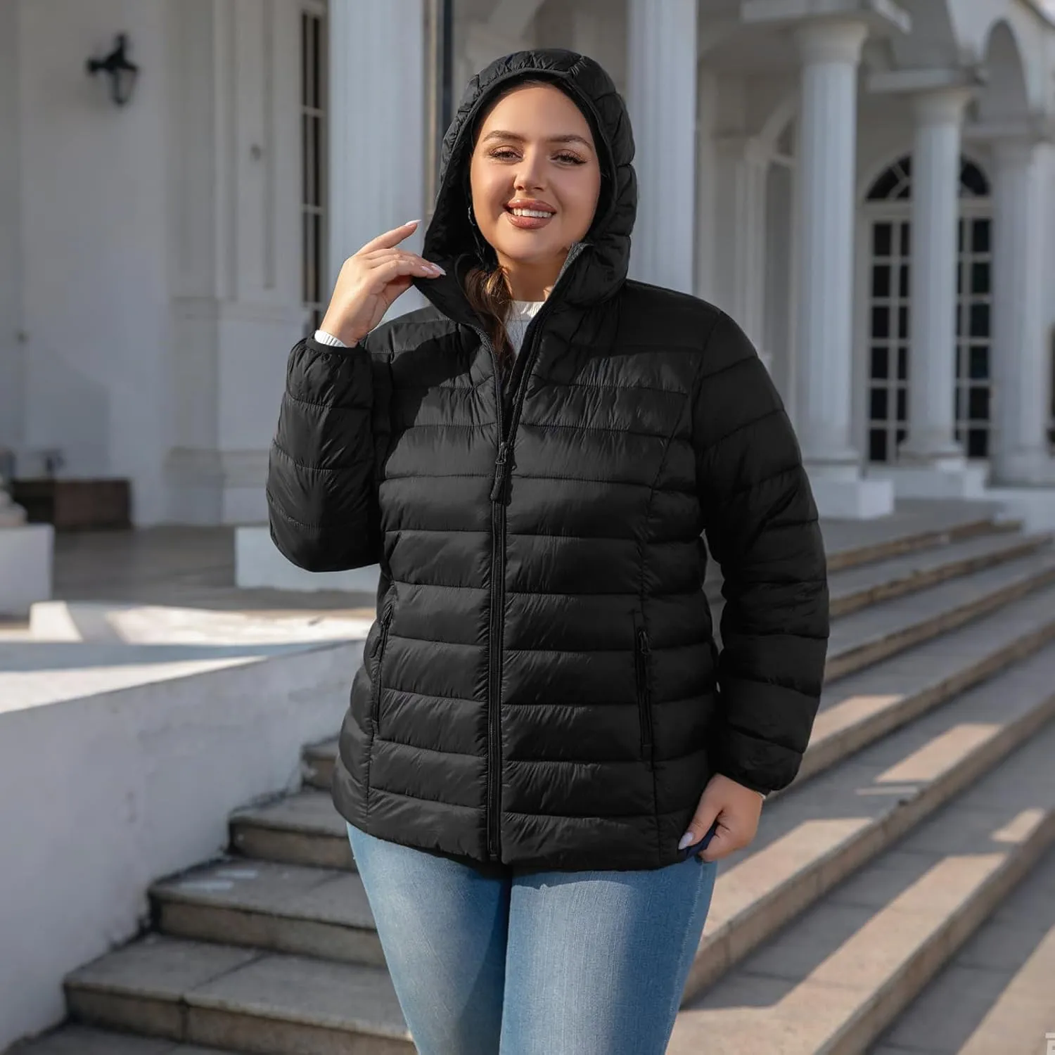 Plus Size Puffer Jacket for Women 1X-7X Water-Resistant Packable Winter Coat Lightweight Puffer Coat