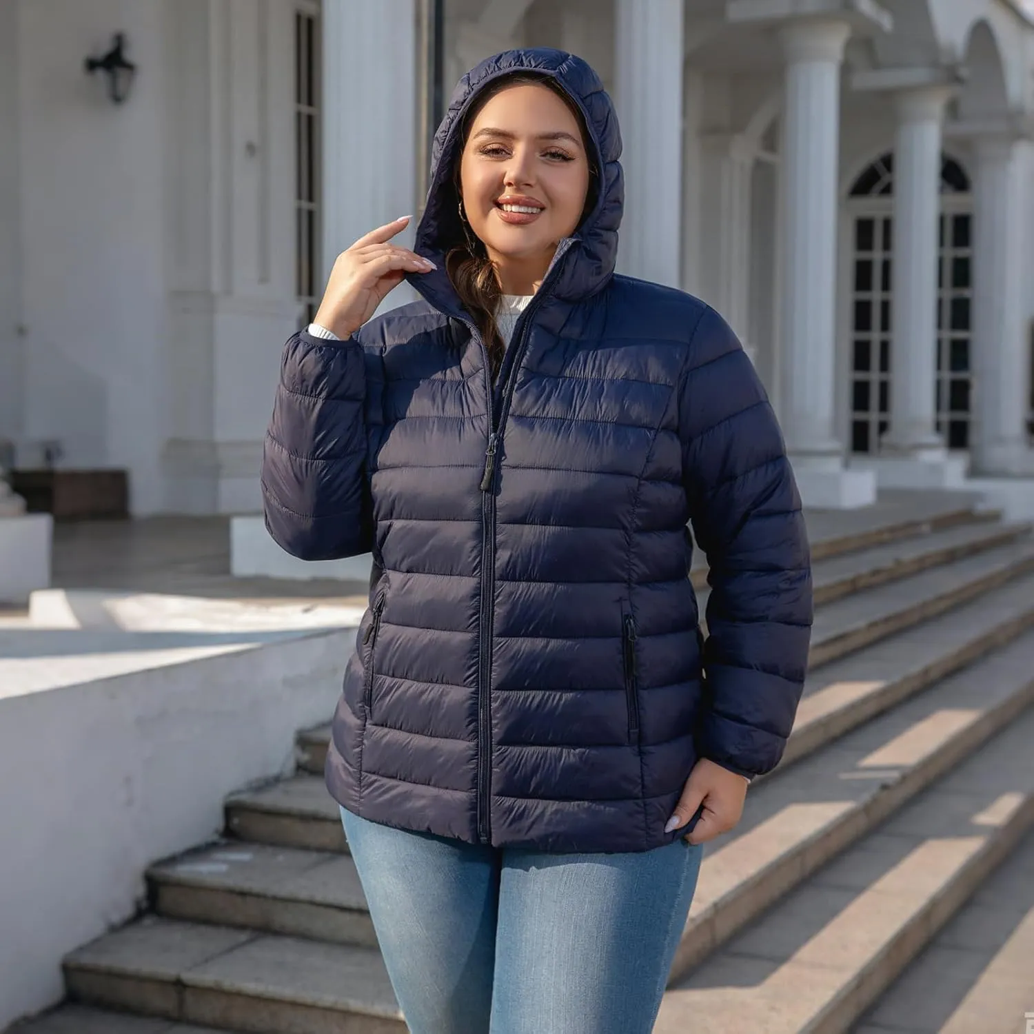 Plus Size Puffer Jacket for Women 1X-7X Water-Resistant Packable Winter Coat Lightweight Puffer Coat