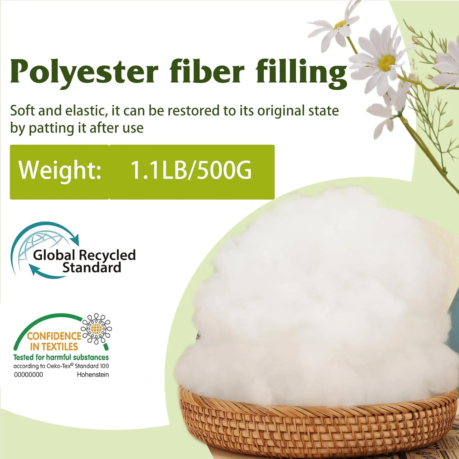 Poly Filling Stuffing, Premium Polyester Fiber Fill, 1.1 LB Pillow Stuffing, Stuffing for Stuffed Animals, GRS Certified Machine-Washable Poly-Fil Fiber Fill with Bag