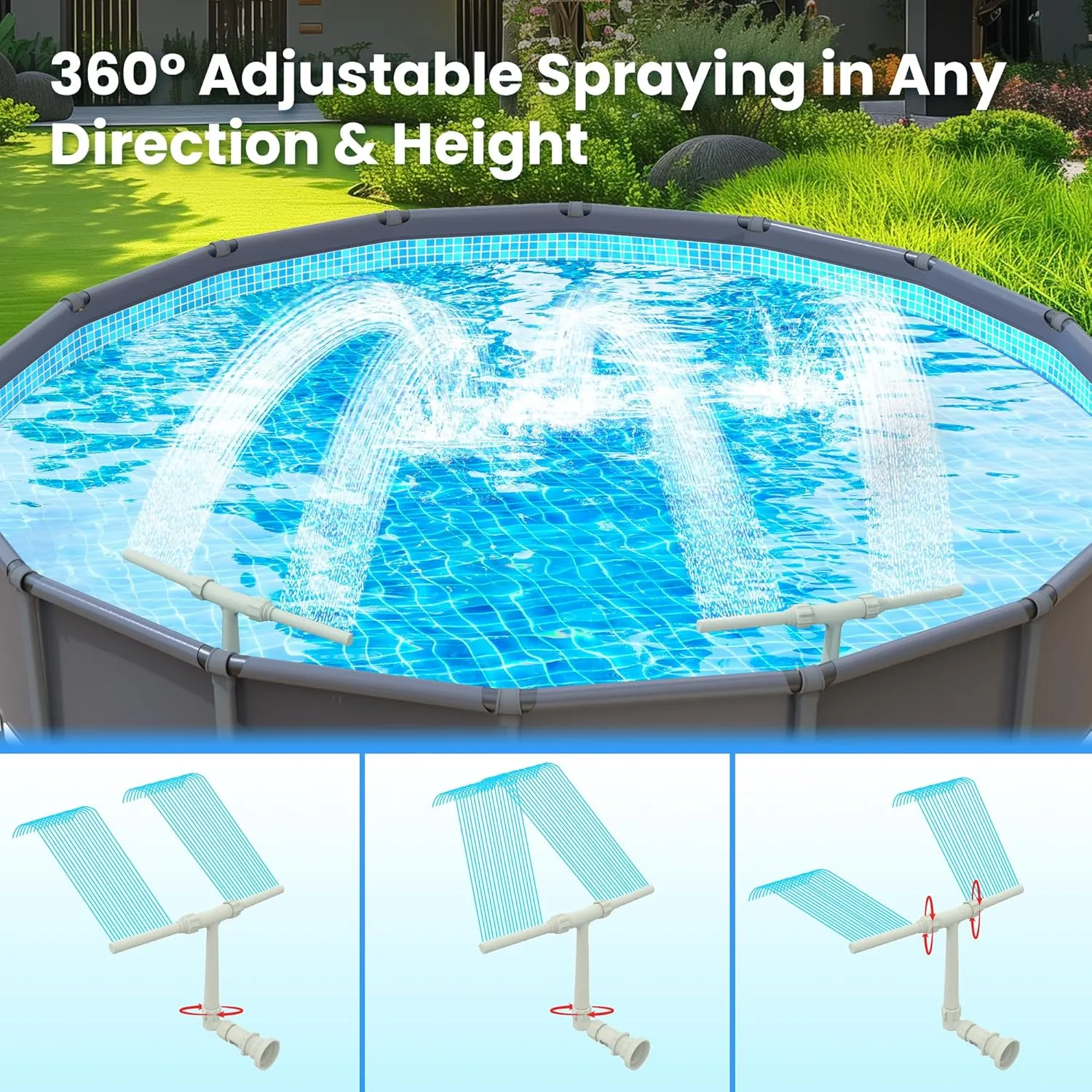 Pool Fountain for Above and In-Ground Pools, Dual Spray Waterfall Sprinkler Fountain, Above Ground Pool Accessories, Adjustable Waterfall Cooling and Relaxation(Grey