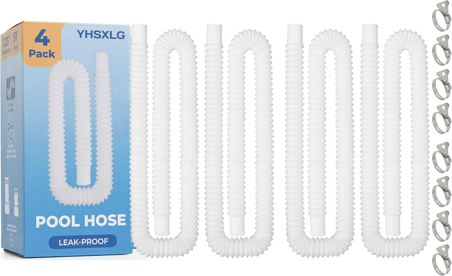 Pool Hoses for Above Ground Pools, 1.25 x 51 Inch Hose for Filter Pump, Compatible with Filter Pump 607, 637 (4 Hoses   8 Metal Clamps)