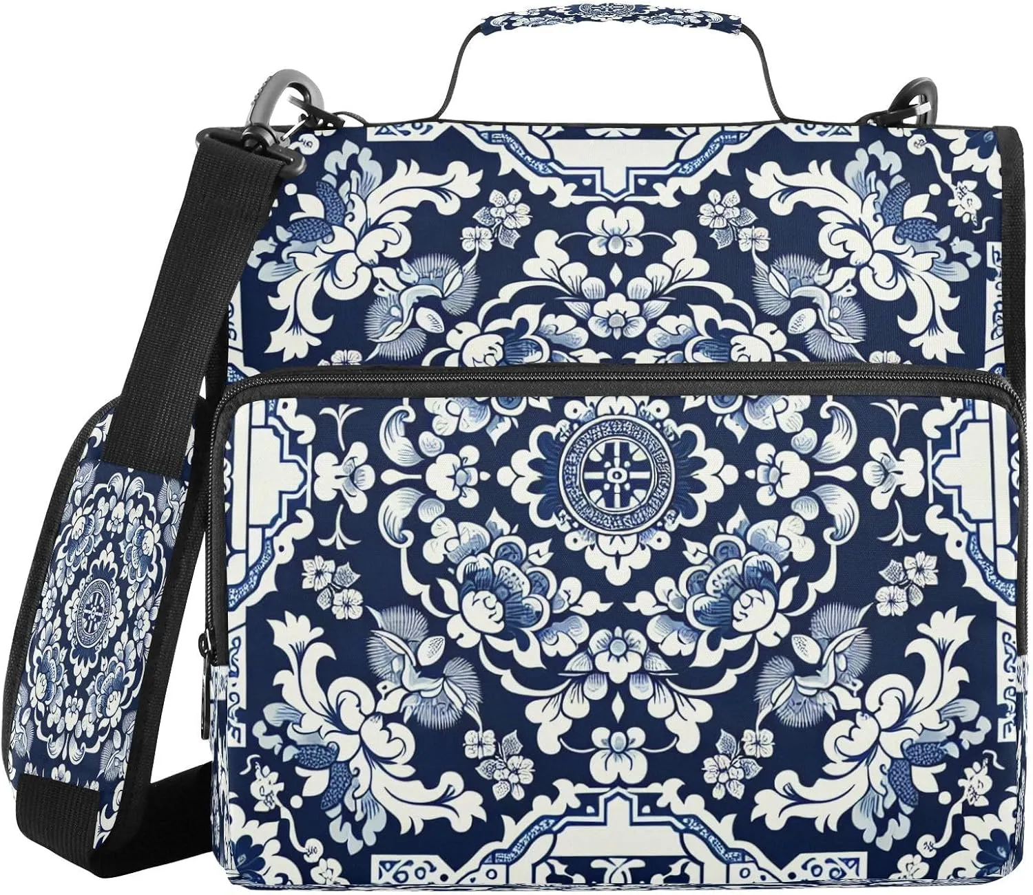 Porcelain Texture Zippered Binder Bag with Handle and Shoulder Strap, 1.5 inch 3 Ring D Ring Expanding File Folder Waterproof Multiple Pockets Organizer Binder