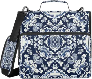 Porcelain Texture Zippered Binder Bag with Handle and Shoulder Strap, 1.5 inch 3 Ring D Ring Expanding File Folder Waterproof Multiple Pockets Organizer Binder