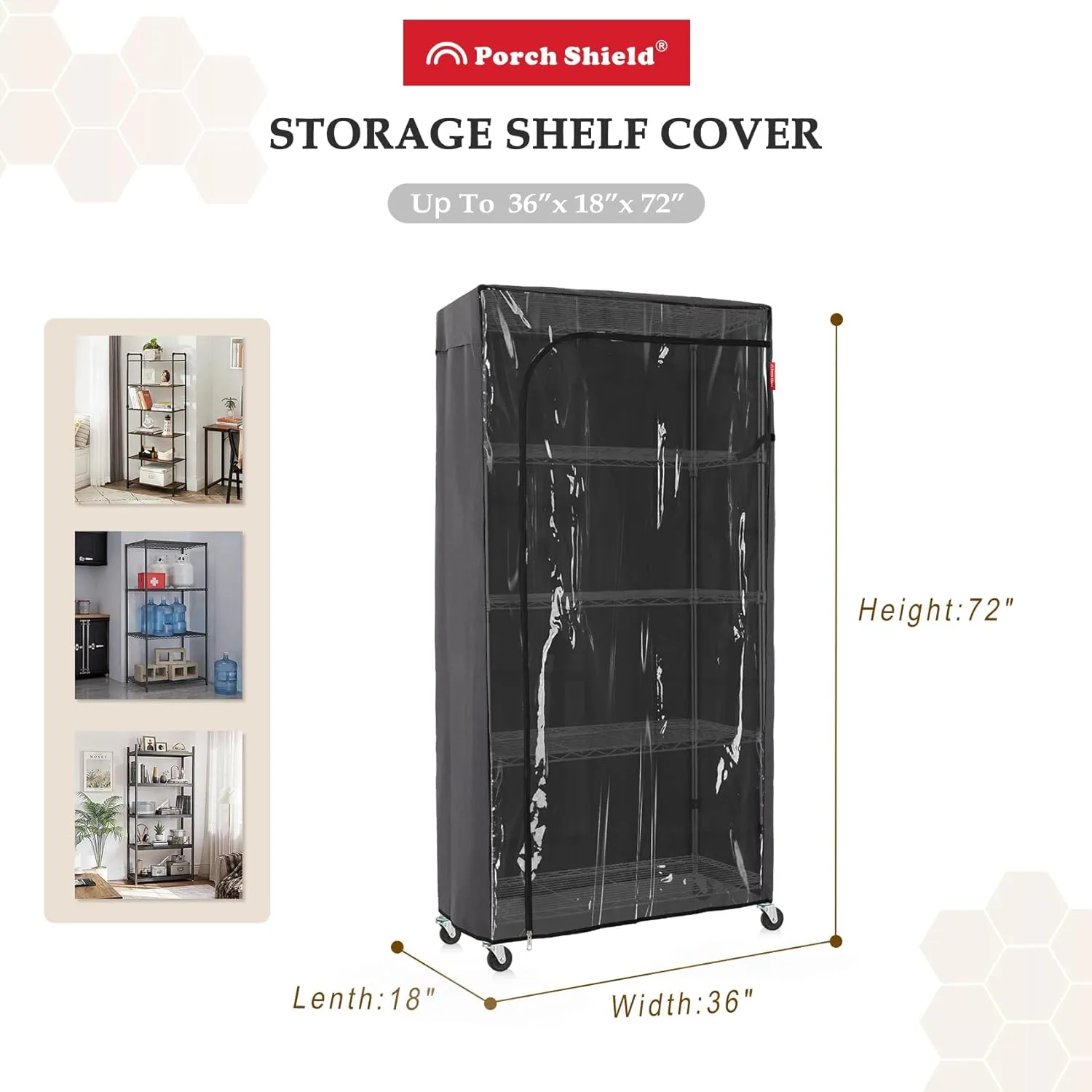 Porch Shield Storage Shelf Cover for Wire Rack - Dustproof Shelving Unit Cover with Front Transparent 36" x 18" x 72" Grey