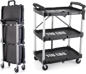 Portable Folding Service Cart - 3 Tier 330LBS Capacity - Rolling Utility Foldable Cart with Wheels for Warehouse Home Workshops Garages Restaurants Offices