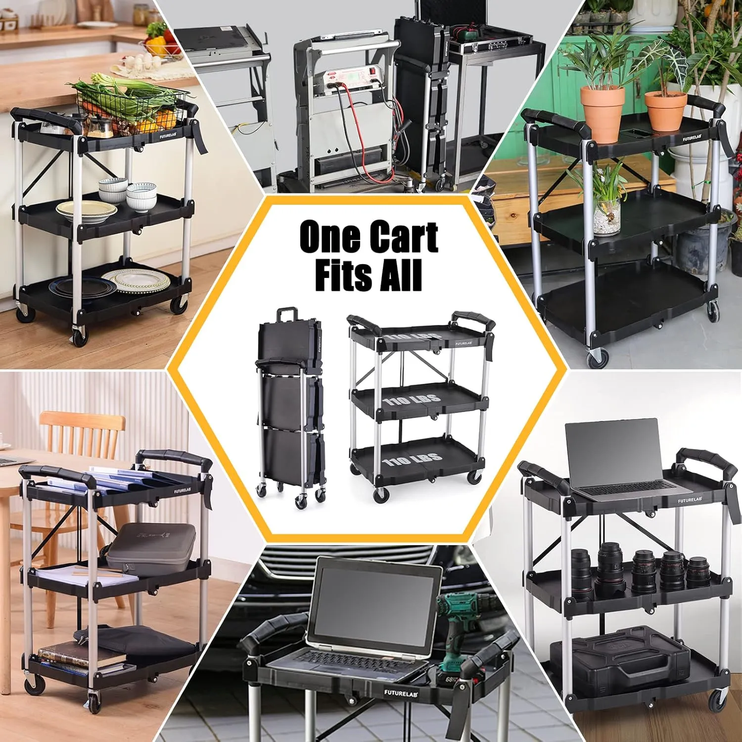 Portable Folding Service Cart - 3 Tier 330LBS Capacity - Rolling Utility Foldable Cart with Wheels for Warehouse Home Workshops Garages Restaurants Offices