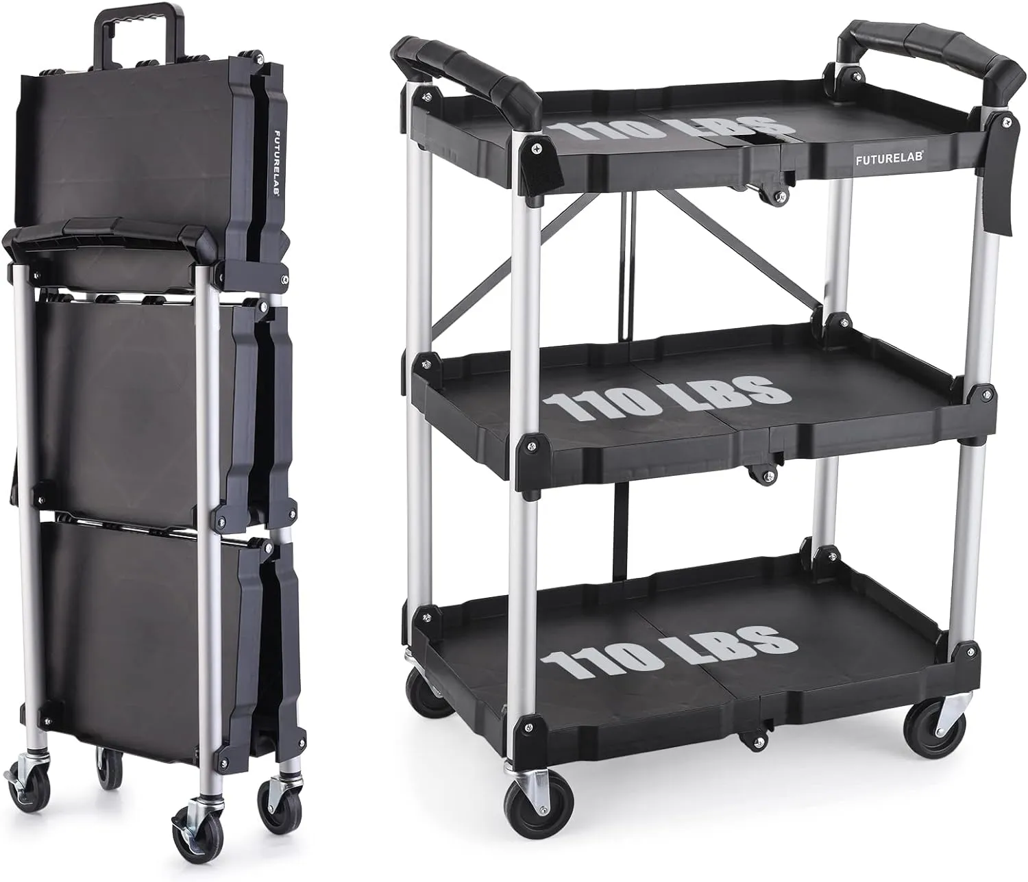 Portable Folding Service Cart - 3 Tier 330LBS Capacity - Rolling Utility Foldable Cart with Wheels for Warehouse Home Workshops Garages Restaurants Offices