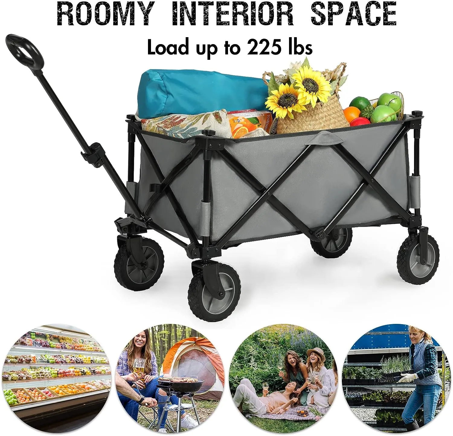 PORTAL Collapsible Folding Wagon Cart Heavy Duty Foldable Grocery Cart for Outdoor Utility Garden Cart Shopping Camping Cart with Wheels