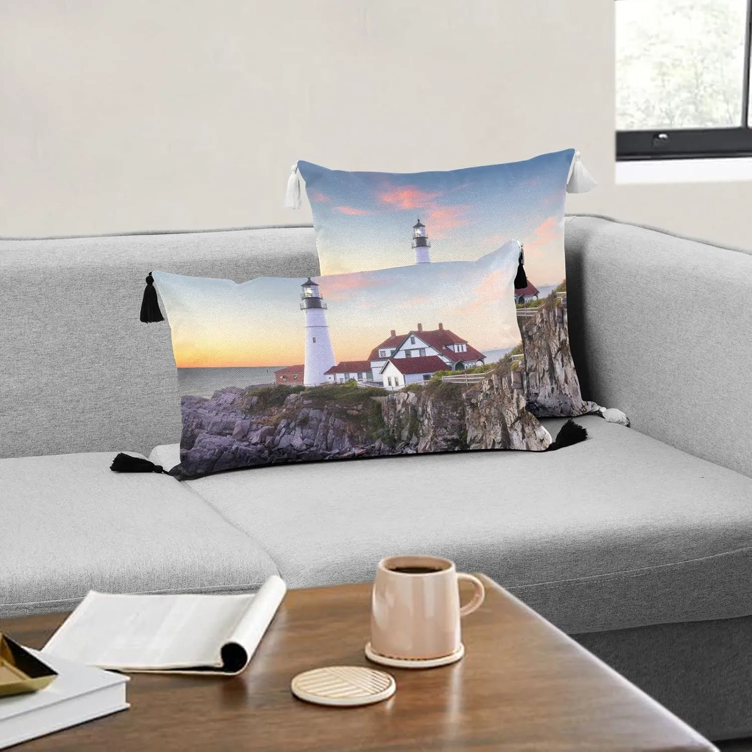 Portland, Maine, USA at Portland Head Light in The Morning One Side Linen-Like Pillow Case Sham Cushion Case Cover with Core, Soft Bed Pillow Case Throw Pillowcase with Core 20x20 inches