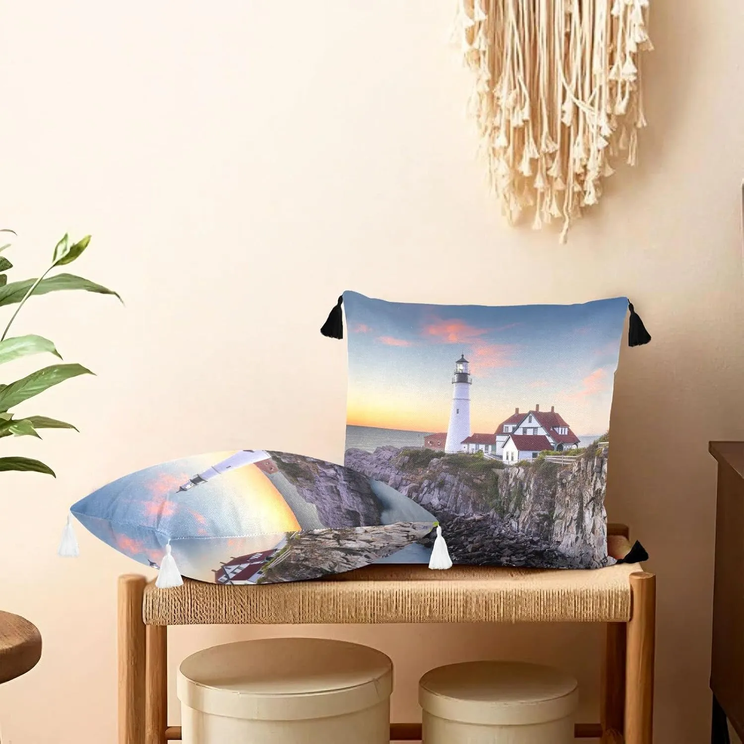 Portland, Maine, USA at Portland Head Light in The Morning One Side Linen-Like Pillow Case Sham Cushion Case Cover with Core, Soft Bed Pillow Case Throw Pillowcase with Core 20x20 inches