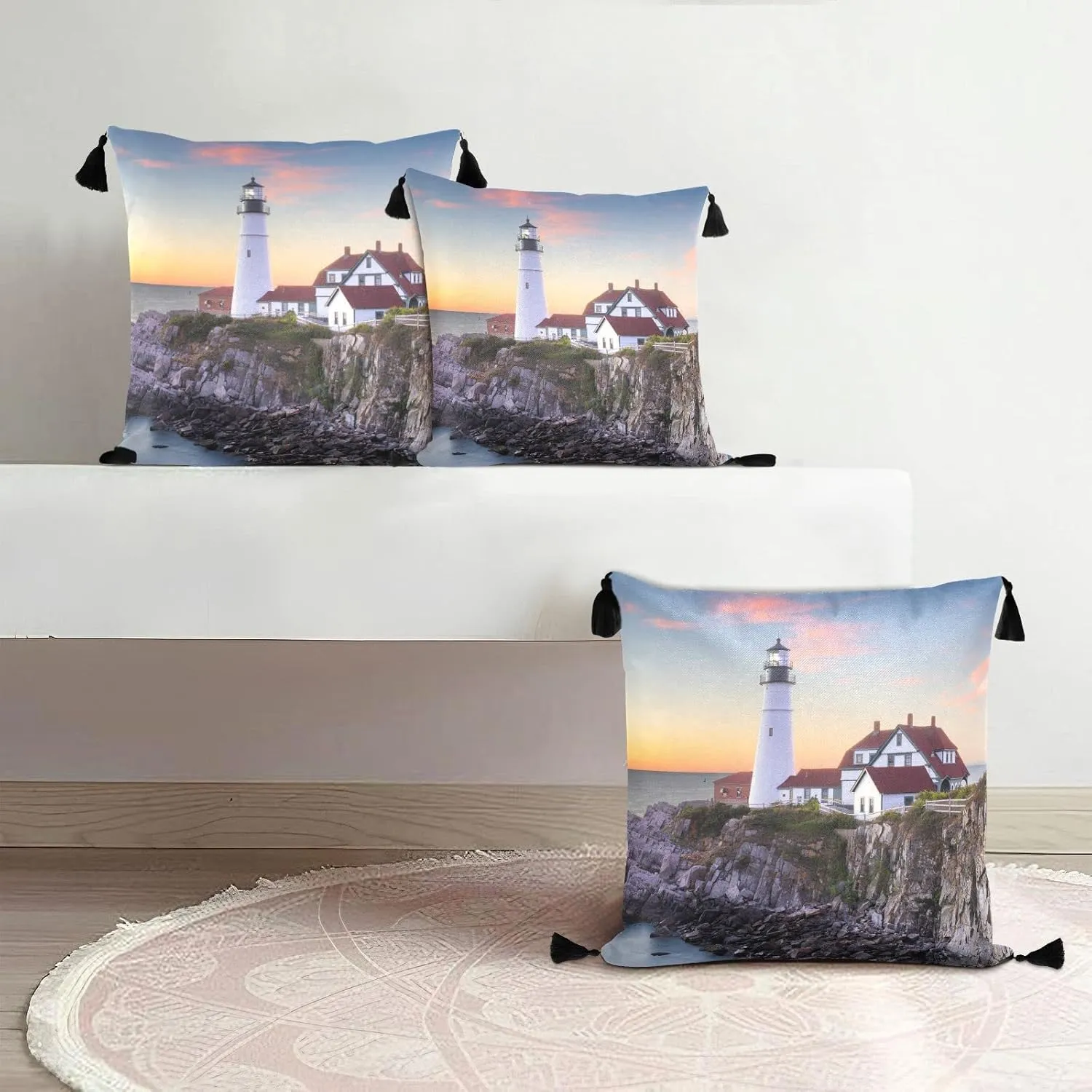 Portland, Maine, USA at Portland Head Light in The Morning One Side Linen-Like Pillow Case Sham Cushion Case Cover with Core, Soft Bed Pillow Case Throw Pillowcase with Core 20x20 inches