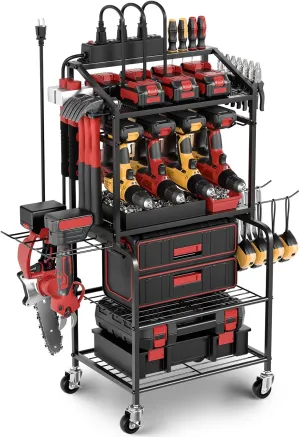 Power Tool Organizer Cart with Charging Station, Garage Floor Standing Rolling Drill and Tools Battery Storage Cart on Wheels, Lightweight Utility Rack Shelf with 6 Outlet Power Strip