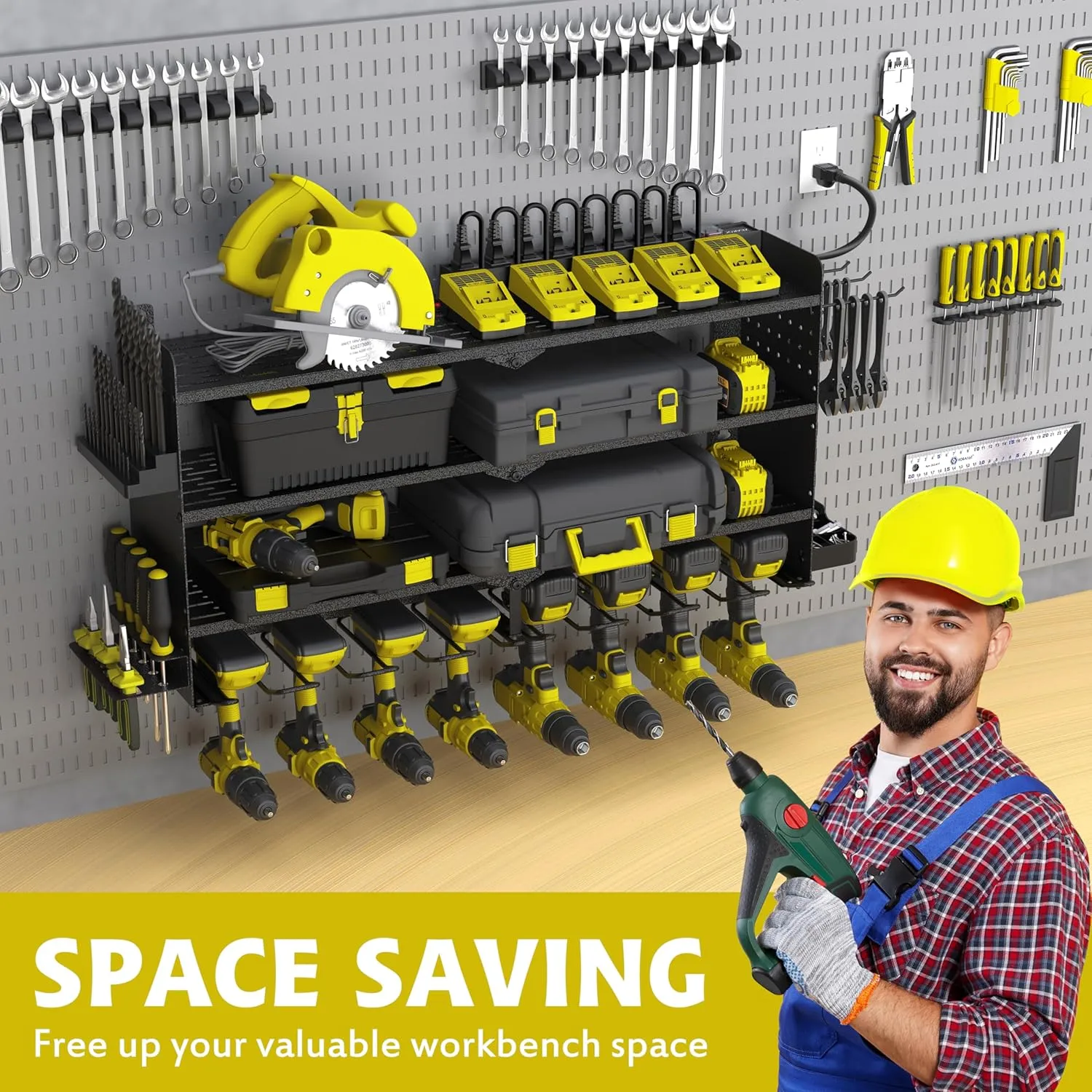 Power Tool Organizer with Charging Station, 4 Layers 8 Drill Holder Wall Mount,Metal Garage Rack with 10A Power Strip,Tool Shelves with Hooks,Drill Bit Storage, for Men Dad (Green&Black)