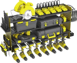 Power Tool Organizer with Charging Station, 4 Layers 8 Drill Holder Wall Mount,Metal Garage Rack with 10A Power Strip,Tool Shelves with Hooks,Drill Bit Storage, for Men Dad (Green&Black)