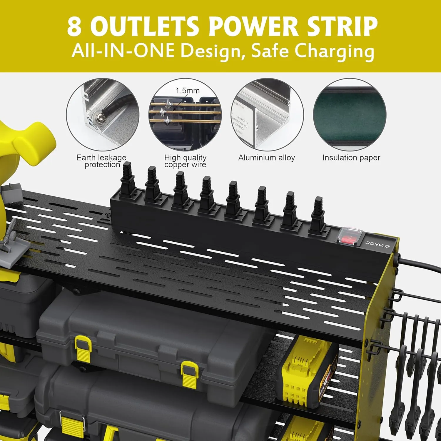 Power Tool Organizer with Charging Station, 4 Layers 8 Drill Holder Wall Mount,Metal Garage Rack with 10A Power Strip,Tool Shelves with Hooks,Drill Bit Storage, for Men Dad (Green&Black)