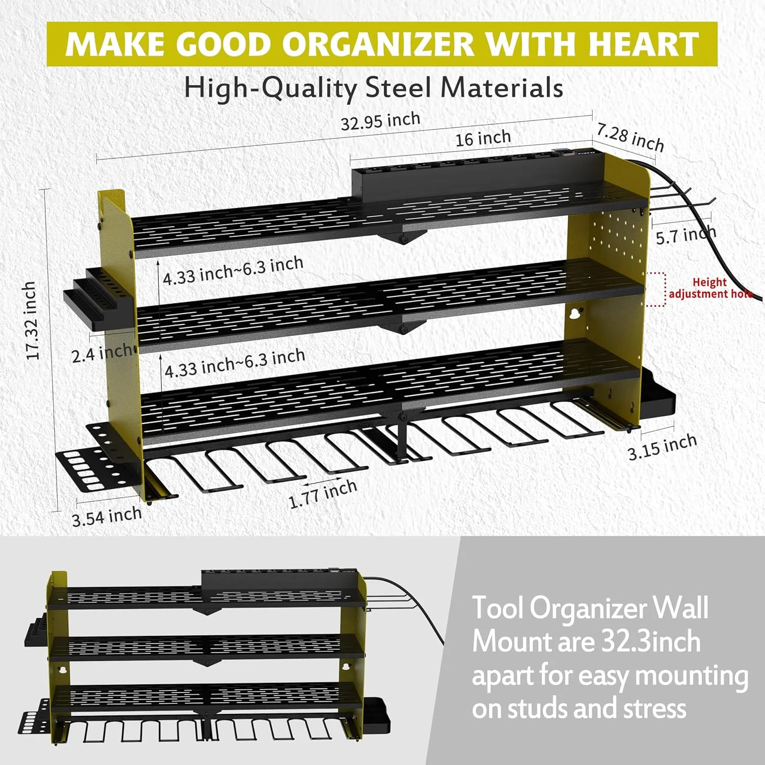 Power Tool Organizer with Charging Station, 4 Layers 8 Drill Holder Wall Mount,Metal Garage Rack with 10A Power Strip,Tool Shelves with Hooks,Drill Bit Storage, for Men Dad (Green&Black)