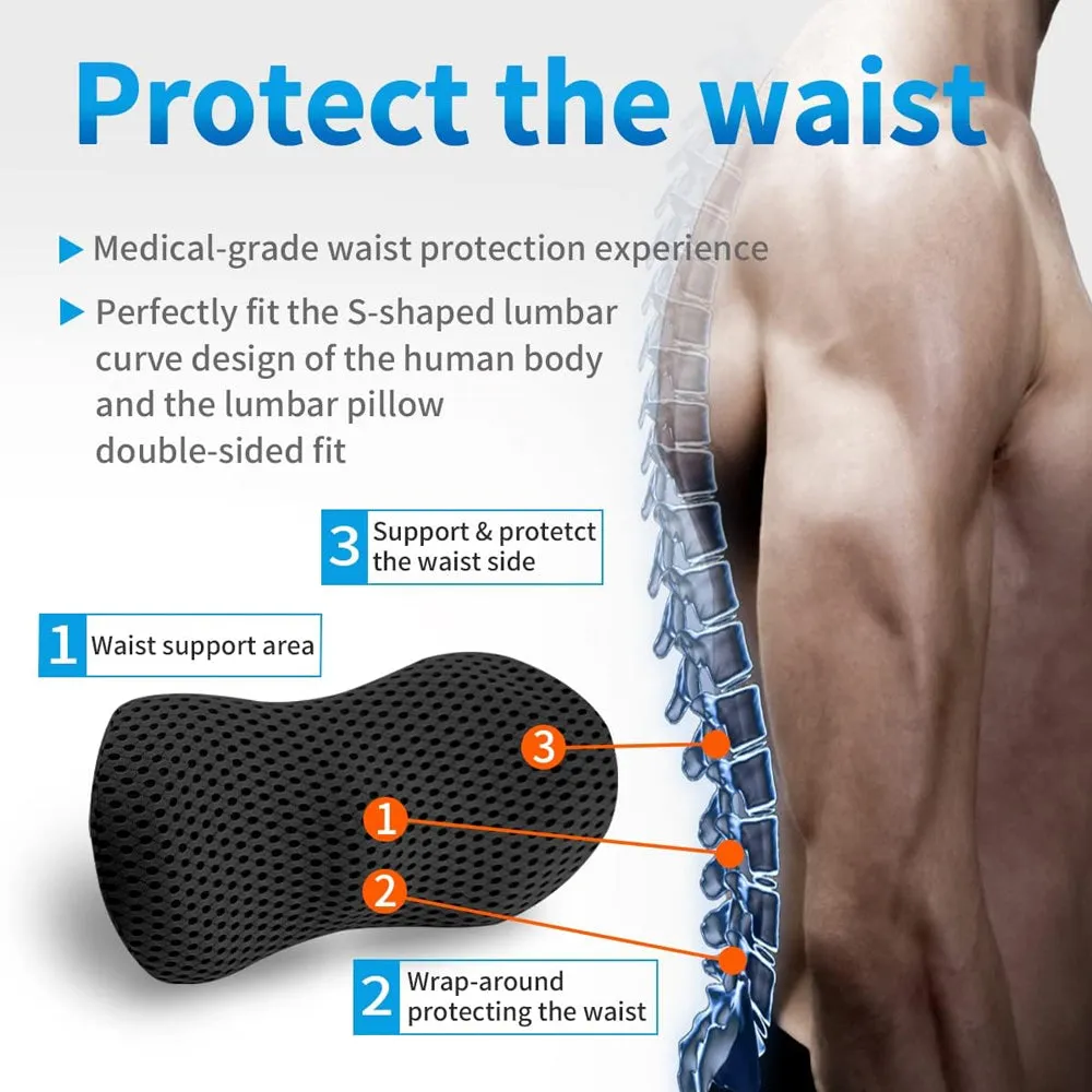 Premium Lumbar Support Pillow – Memory Foam Back Cushion for Car Seat & Office Chair – Ergonomic Waist Pillow for Lower Back Pain Relief, Breathable Removable Cover