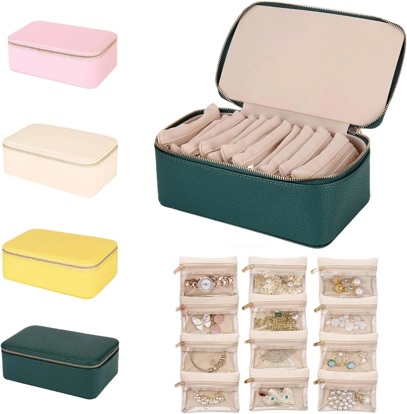 Premium Travel Jewelry Organizer with Windowed Velvet Pouches - PU Leather Jewelry Box for Women Compact Storage for Earrings, Necklaces. Rings Gift-Ready (Green)