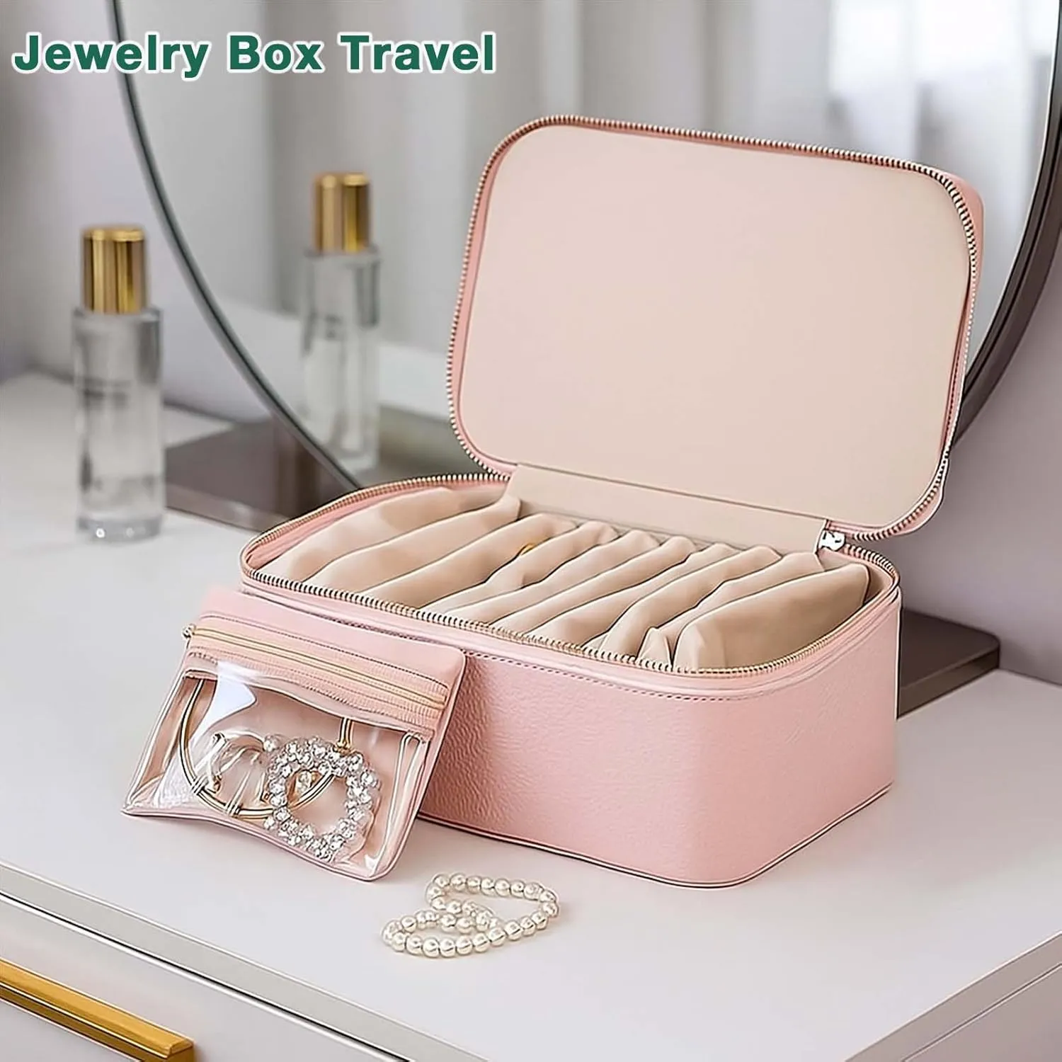 Premium Travel Jewelry Organizer with Windowed Velvet Pouches - PU Leather Jewelry Box for Women Compact Storage for Earrings, Necklaces. Rings Gift-Ready (Green)