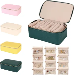 Premium Travel Jewelry Organizer with Windowed Velvet Pouches - PU Leather Jewelry Box for Women Compact Storage for Earrings, Necklaces. Rings Gift-Ready (Green)