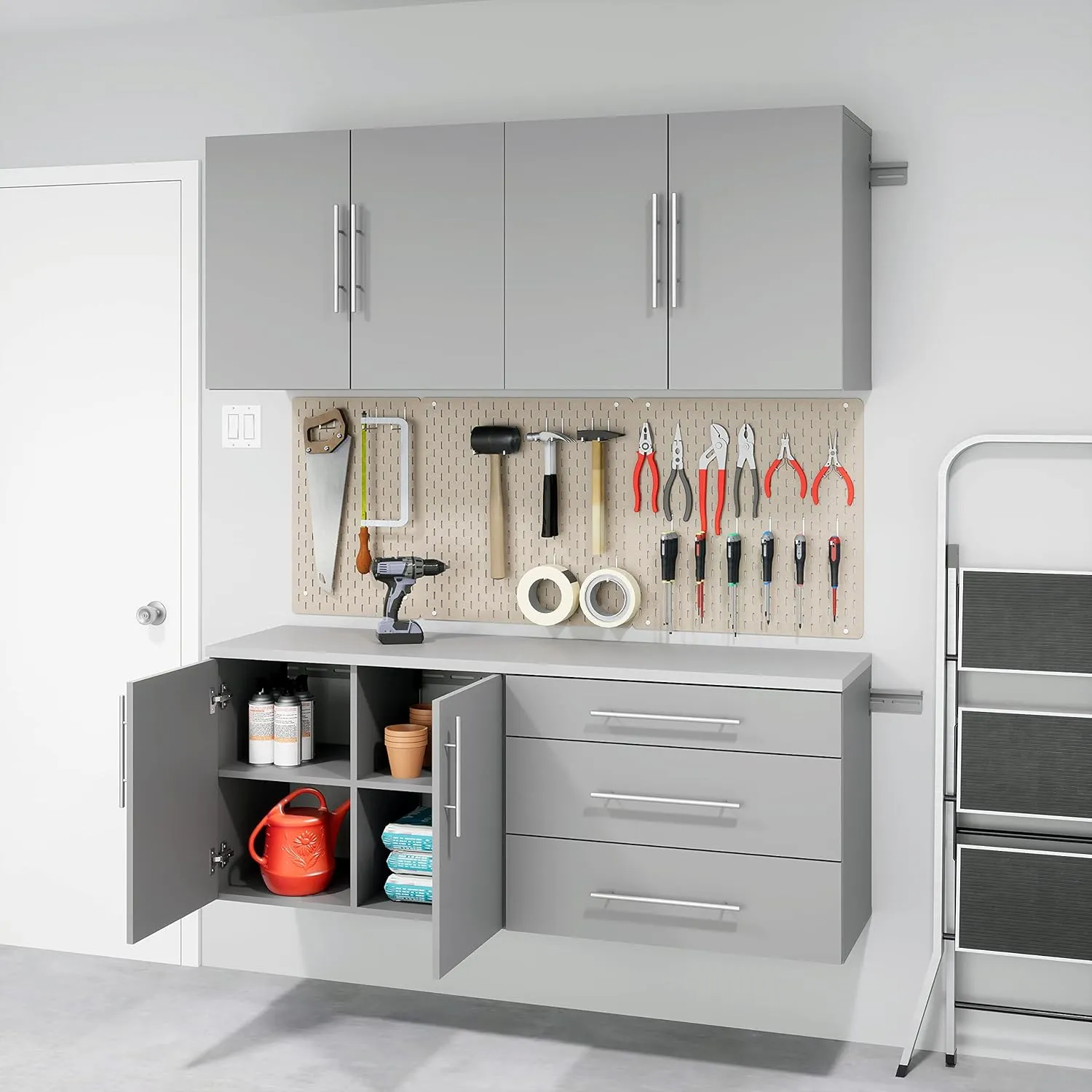 Prepac HangUps 2-Door Wall Mounted Garage Base Storage Cabinet, Work Table Storage Organizer Cabinet, 30" W x 24" H x 16" D, Light Gray
