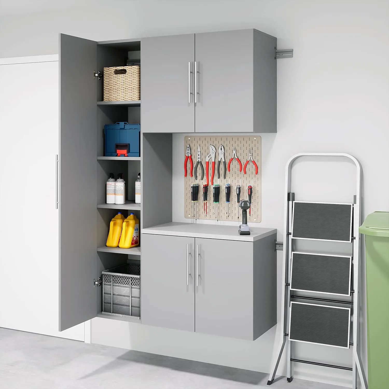 Prepac HangUps 2-Door Wall Mounted Garage Base Storage Cabinet, Work Table Storage Organizer Cabinet, 30" W x 24" H x 16" D, Light Gray