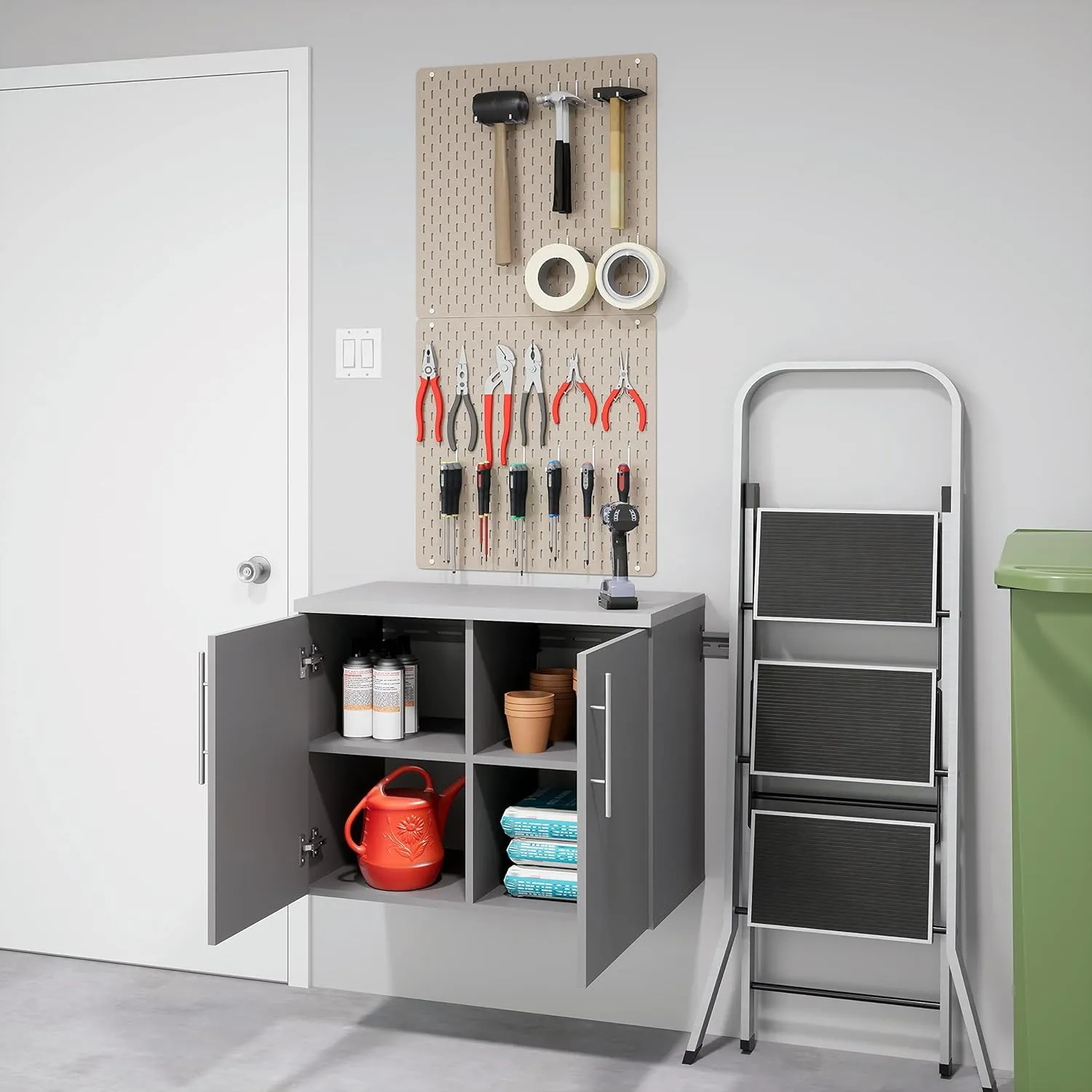 Prepac HangUps 2-Door Wall Mounted Garage Base Storage Cabinet, Work Table Storage Organizer Cabinet, 30" W x 24" H x 16" D, Light Gray