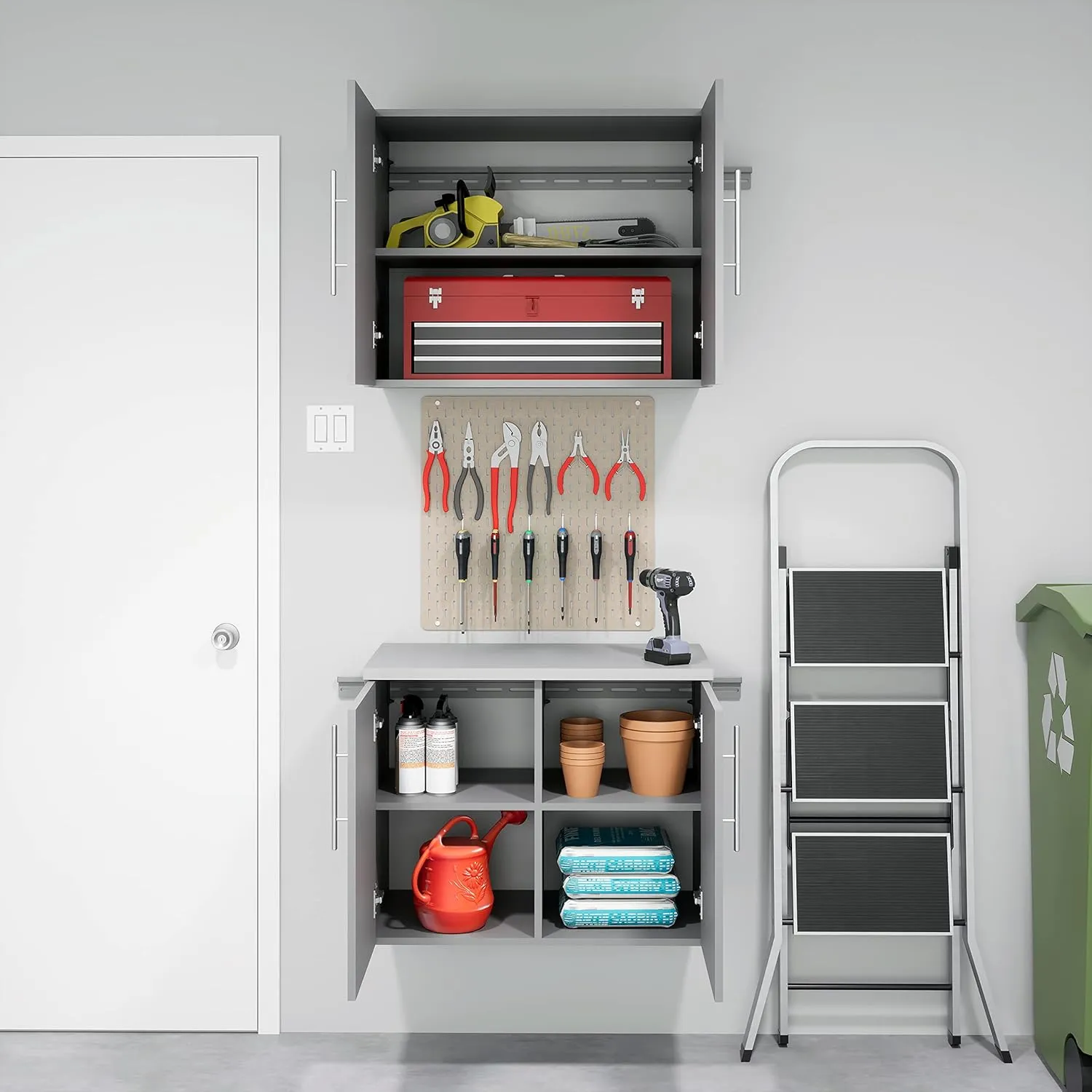 Prepac HangUps 2-Door Wall Mounted Garage Base Storage Cabinet, Work Table Storage Organizer Cabinet, 30" W x 24" H x 16" D, Light Gray