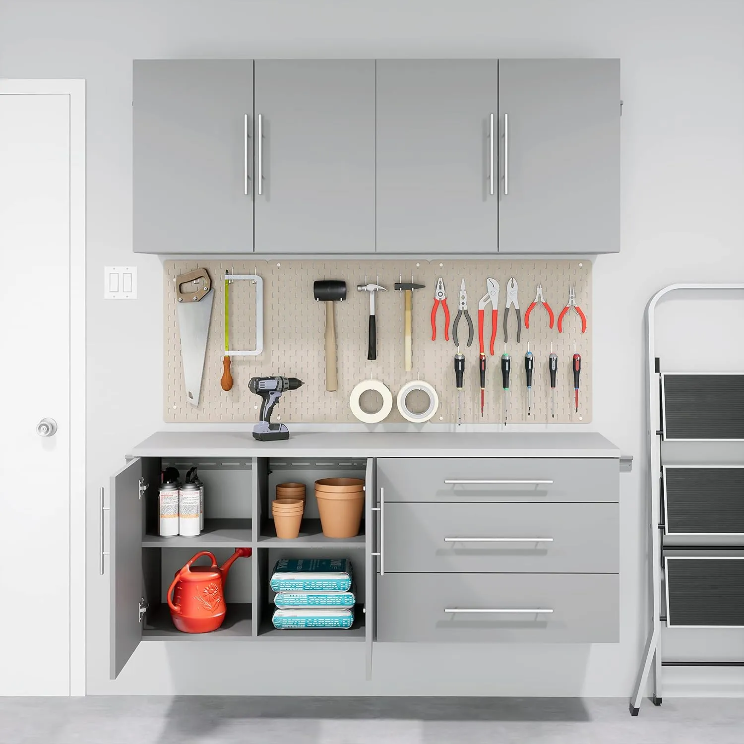 Prepac HangUps 2-Door Wall Mounted Garage Base Storage Cabinet, Work Table Storage Organizer Cabinet, 30" W x 24" H x 16" D, Light Gray