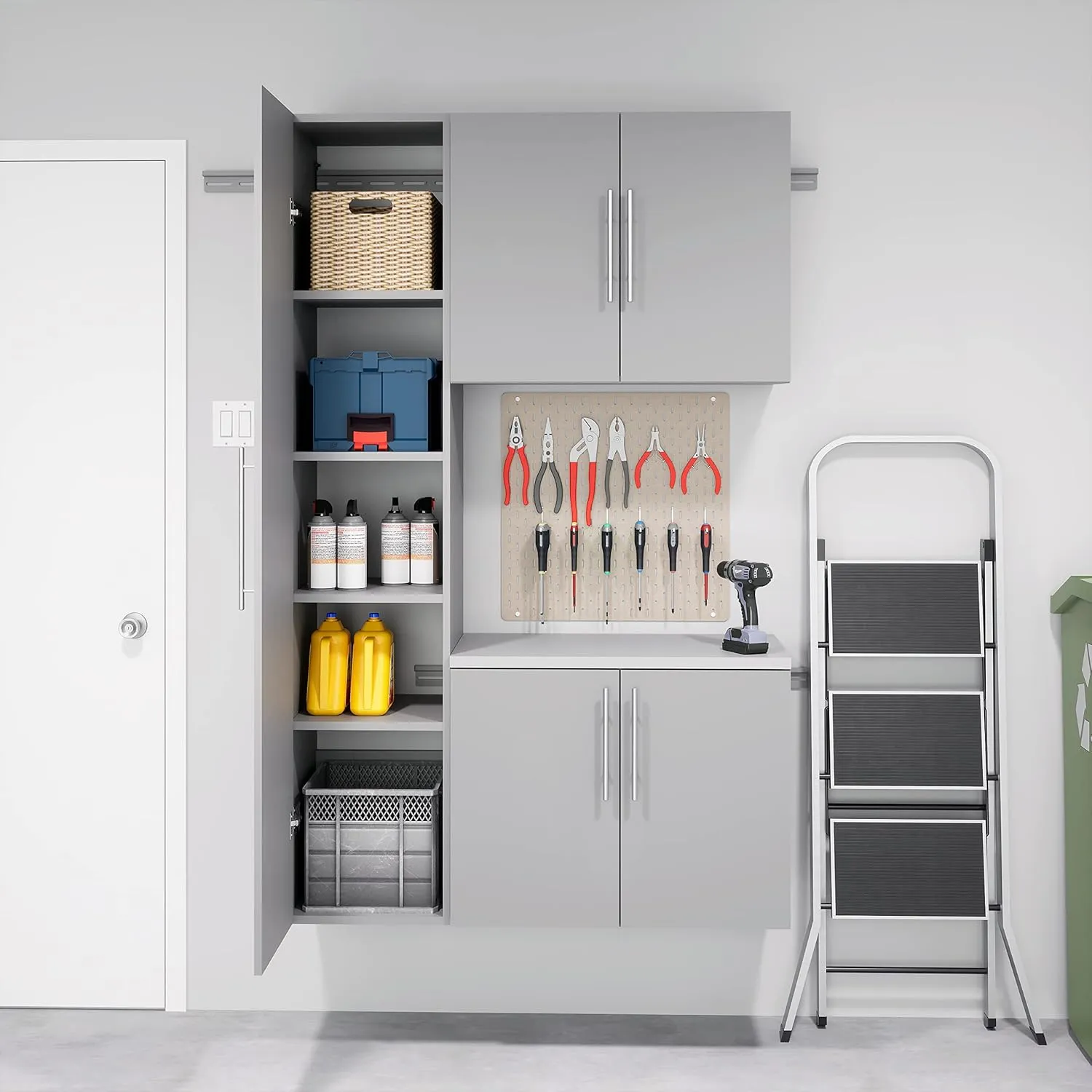 Prepac HangUps 2-Door Wall Mounted Garage Base Storage Cabinet, Work Table Storage Organizer Cabinet, 30" W x 24" H x 16" D, Light Gray