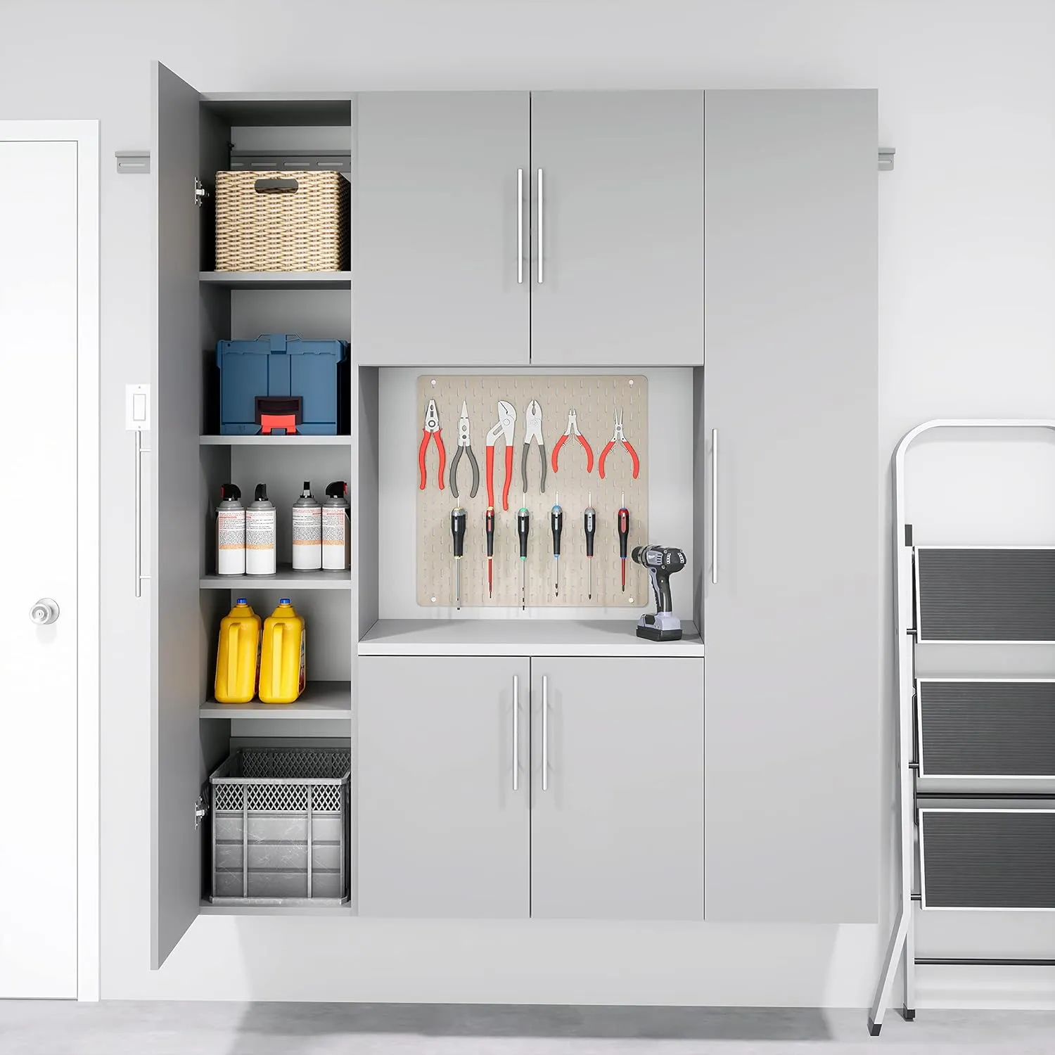 Prepac HangUps 2-Door Wall Mounted Garage Base Storage Cabinet, Work Table Storage Organizer Cabinet, 30" W x 24" H x 16" D, Light Gray