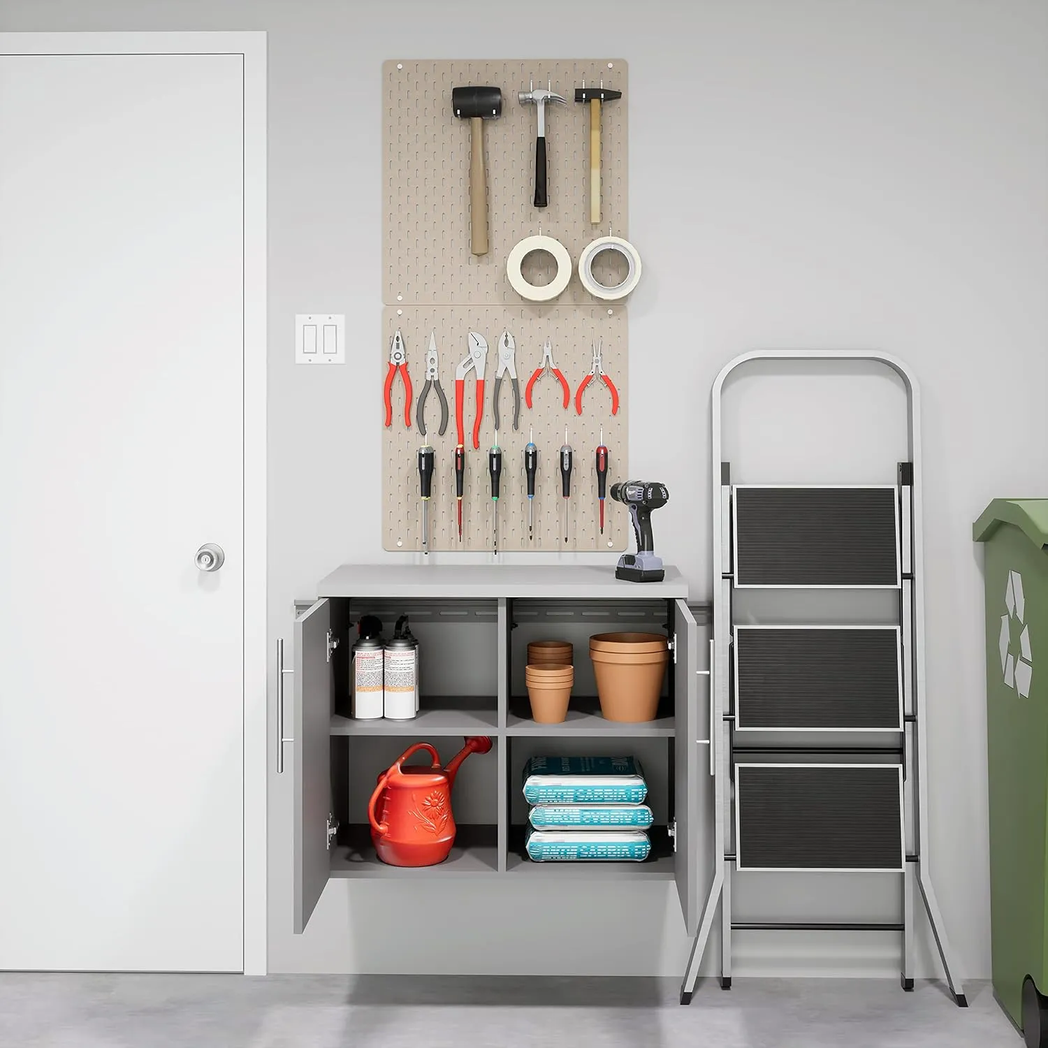 Prepac HangUps 2-Door Wall Mounted Garage Base Storage Cabinet, Work Table Storage Organizer Cabinet, 30" W x 24" H x 16" D, Light Gray