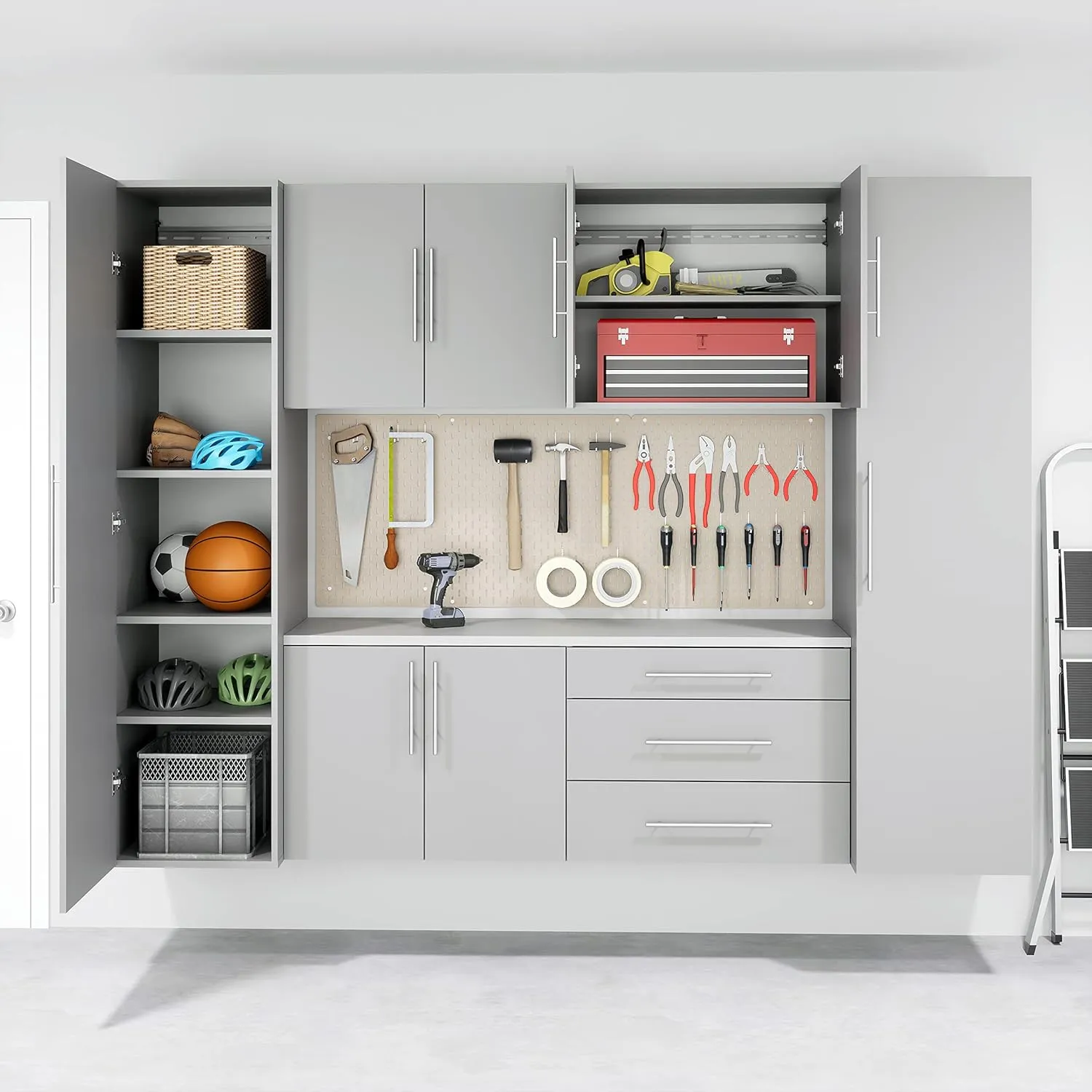 Prepac HangUps 2-Door Wall Mounted Garage Base Storage Cabinet, Work Table Storage Organizer Cabinet, 30" W x 24" H x 16" D, Light Gray