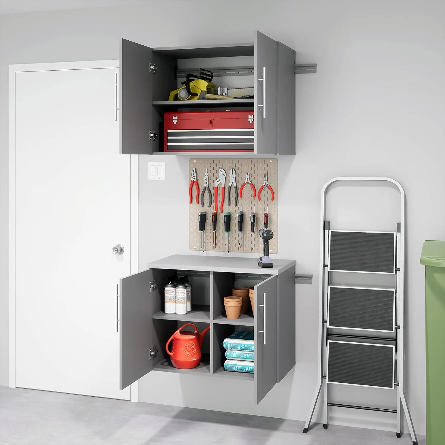 Prepac HangUps 2-Door Wall Mounted Garage Base Storage Cabinet, Work Table Storage Organizer Cabinet, 30" W x 24" H x 16" D, Light Gray