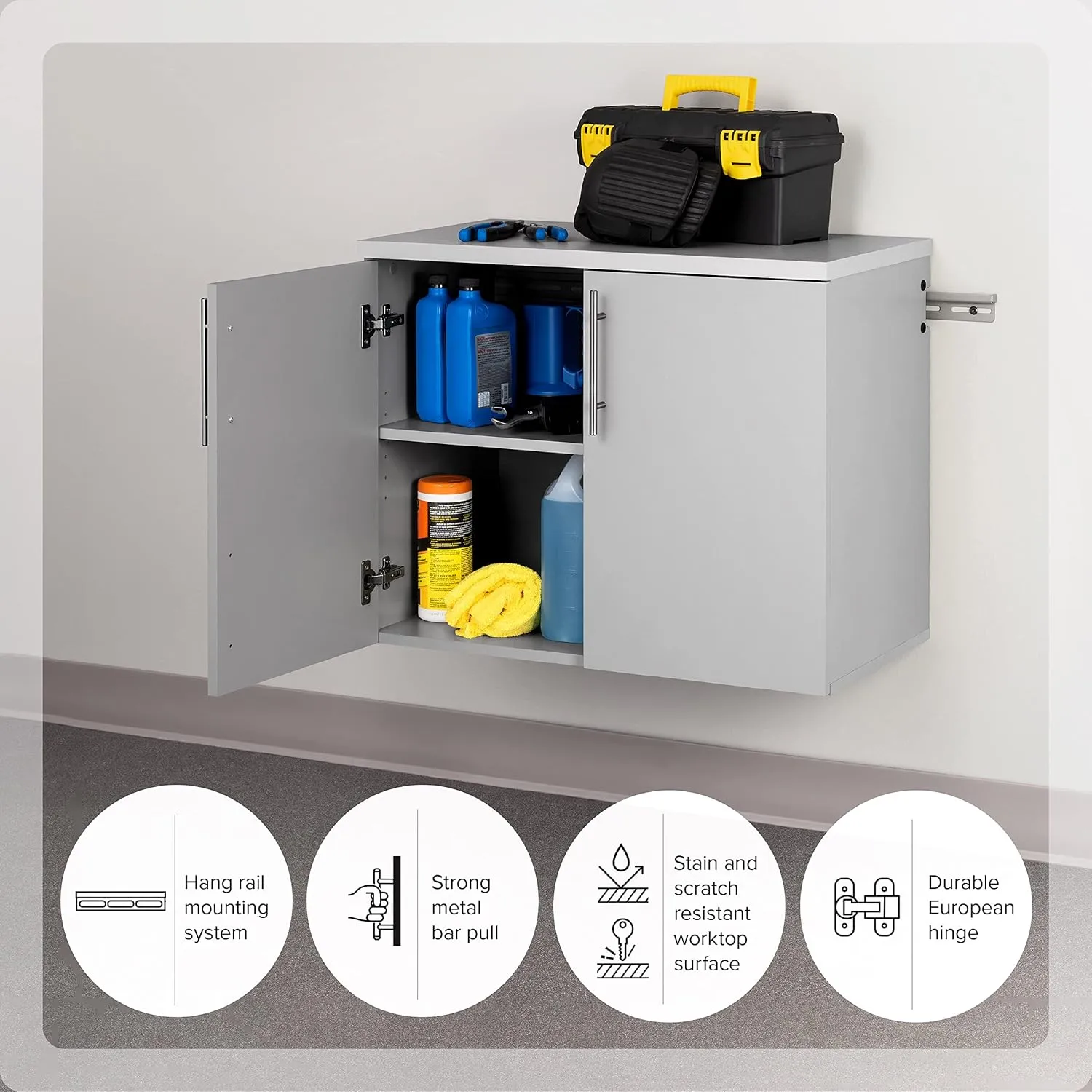 Prepac HangUps 2-Door Wall Mounted Garage Base Storage Cabinet, Work Table Storage Organizer Cabinet, 30" W x 24" H x 16" D, Light Gray