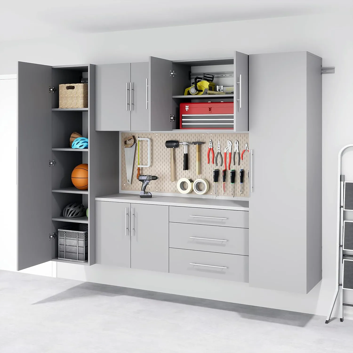Prepac HangUps 2-Door Wall Mounted Garage Base Storage Cabinet, Work Table Storage Organizer Cabinet, 30" W x 24" H x 16" D, Light Gray