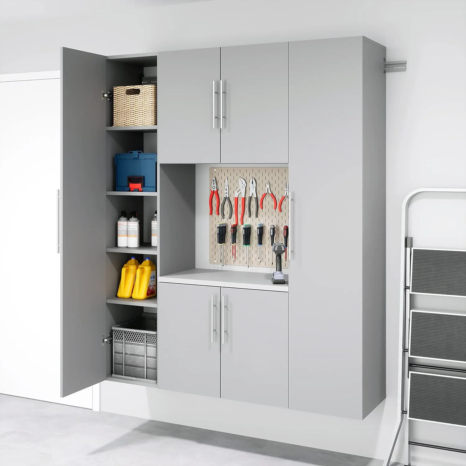 Prepac HangUps 2-Door Wall Mounted Garage Base Storage Cabinet, Work Table Storage Organizer Cabinet, 30" W x 24" H x 16" D, Light Gray