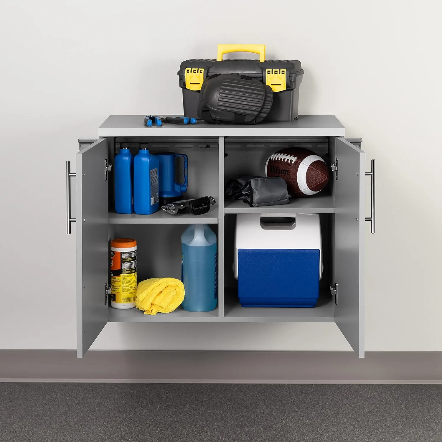 Prepac HangUps 2-Door Wall Mounted Garage Base Storage Cabinet, Work Table Storage Organizer Cabinet, 30" W x 24" H x 16" D, Light Gray