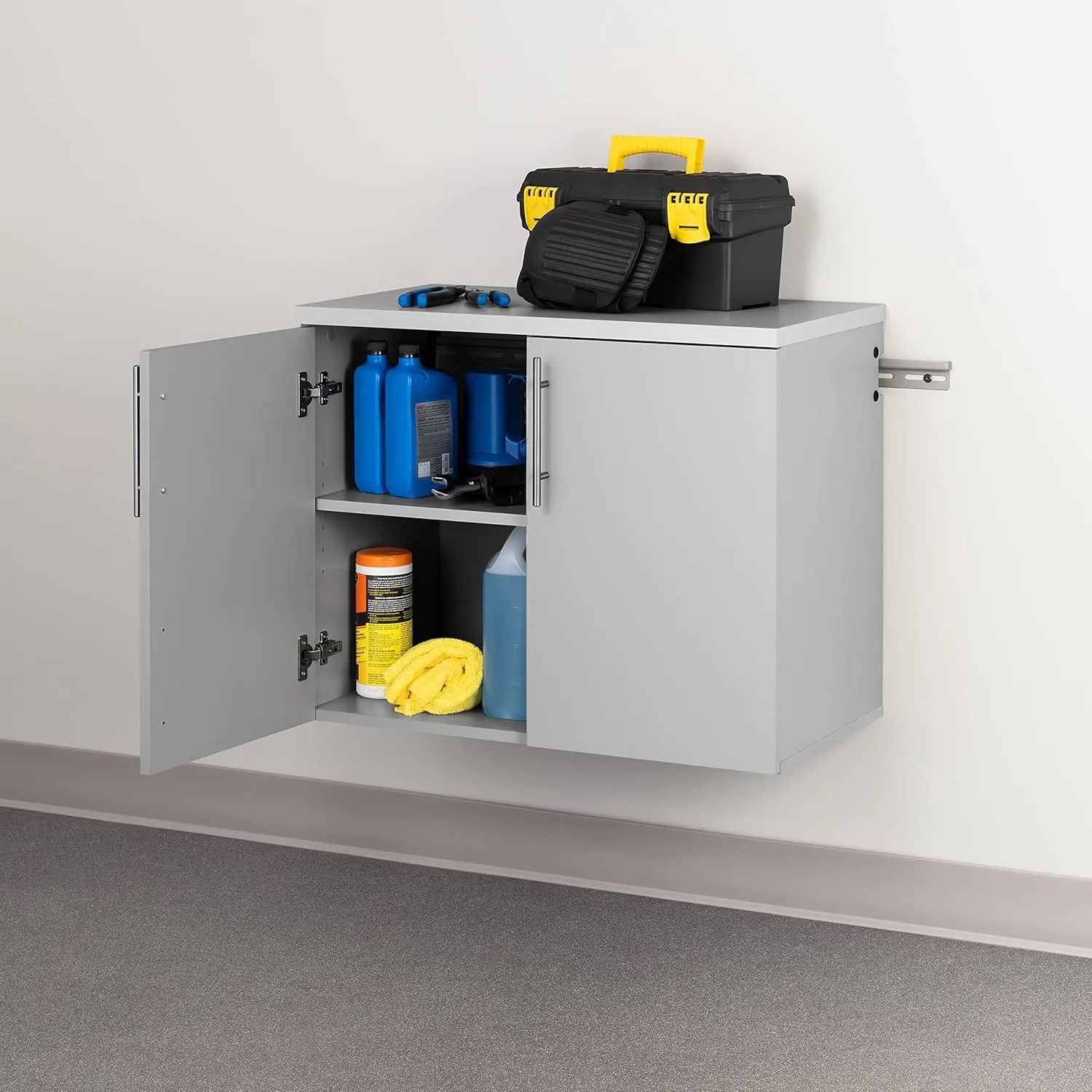 Prepac HangUps 2-Door Wall Mounted Garage Base Storage Cabinet, Work Table Storage Organizer Cabinet, 30" W x 24" H x 16" D, Light Gray