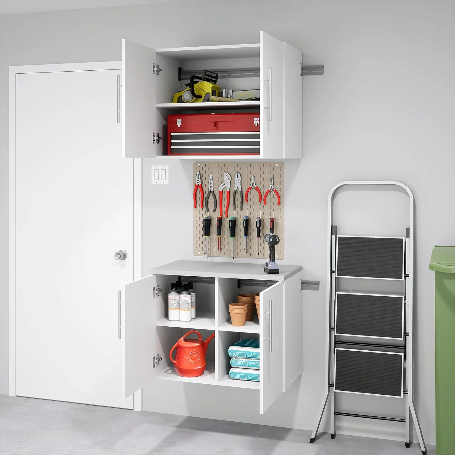Prepac HangUps 2-Door Wall Mounted Garage Base Storage Cabinet, Work Table Storage Organizer Cabinet, 30" W x 24" H x 16" D, White