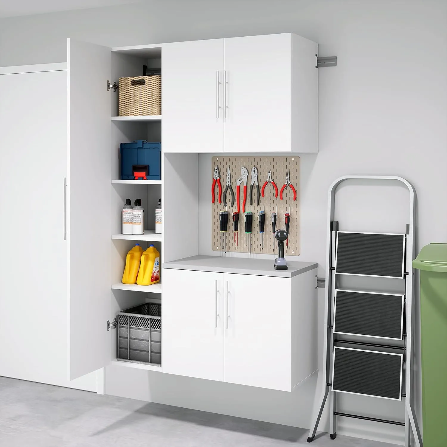 Prepac HangUps 2-Door Wall Mounted Garage Base Storage Cabinet, Work Table Storage Organizer Cabinet, 30" W x 24" H x 16" D, White