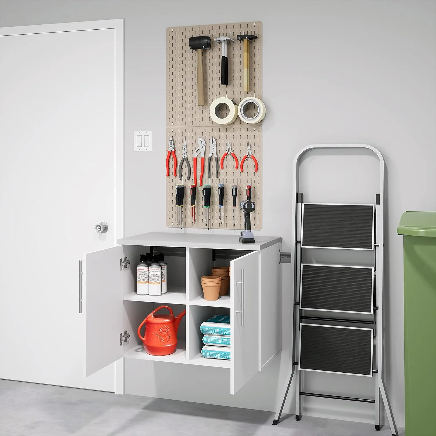 Prepac HangUps 2-Door Wall Mounted Garage Base Storage Cabinet, Work Table Storage Organizer Cabinet, 30" W x 24" H x 16" D, White