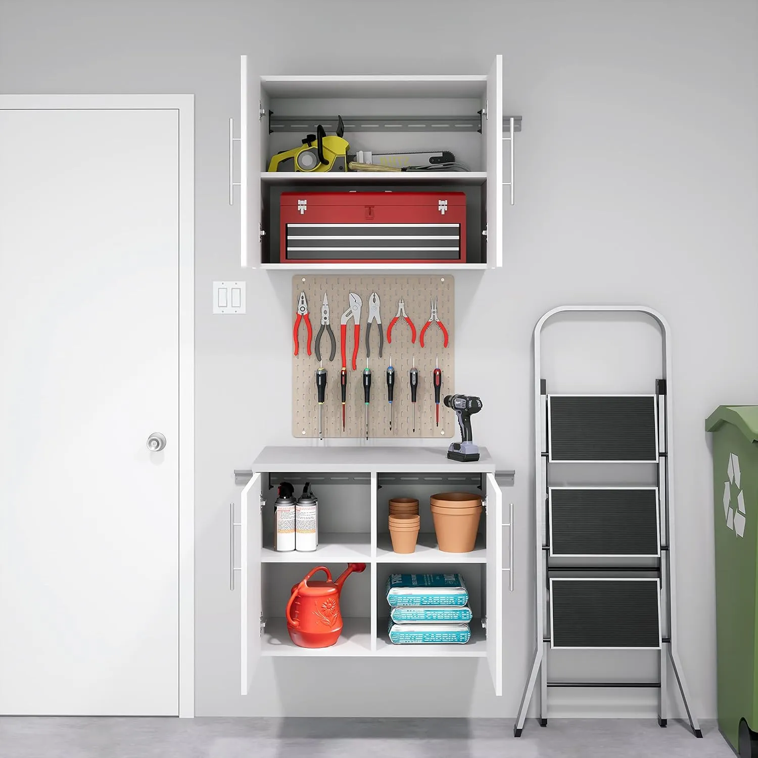 Prepac HangUps 2-Door Wall Mounted Garage Base Storage Cabinet, Work Table Storage Organizer Cabinet, 30" W x 24" H x 16" D, White