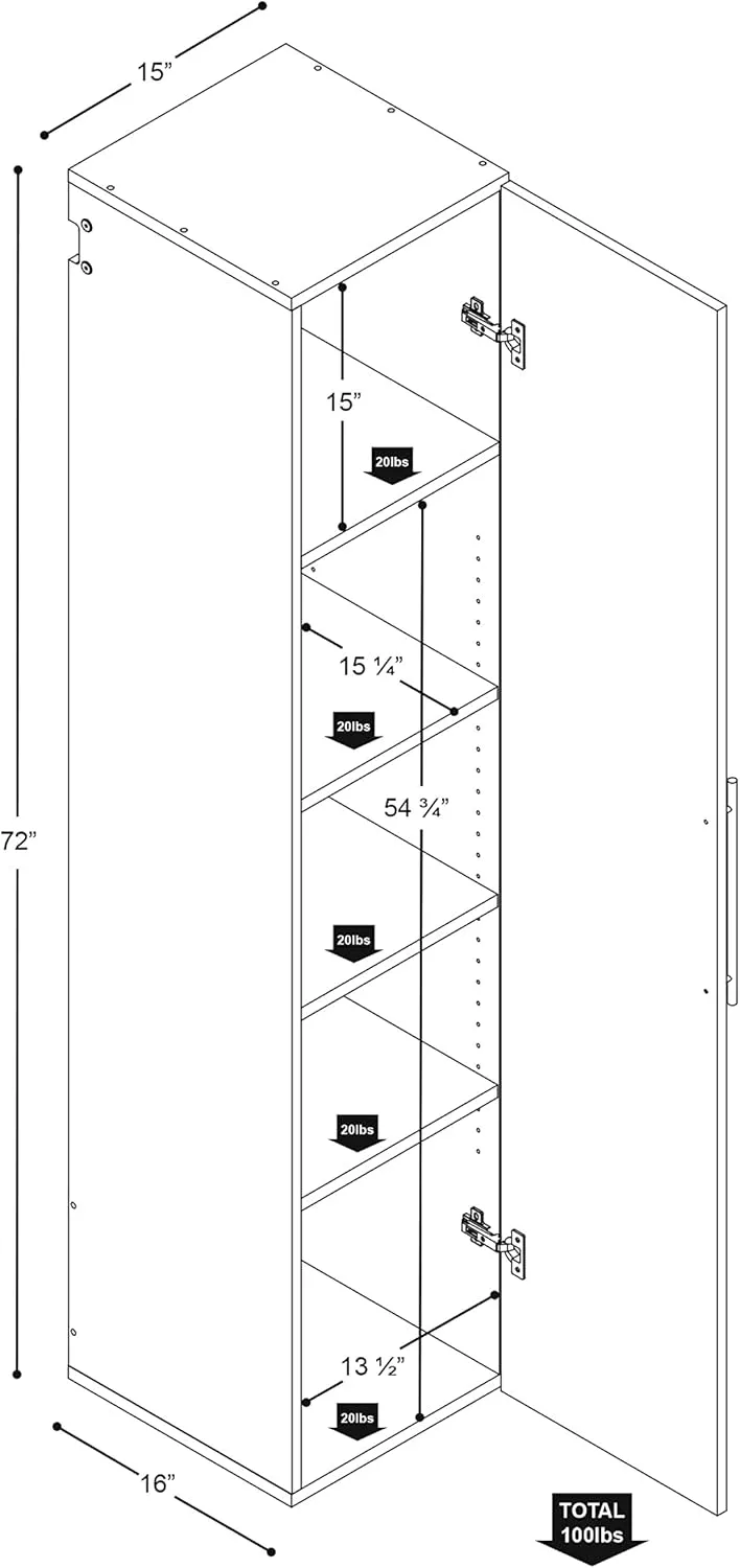 Prepac HangUps Narrow Wall Mounted Garage Storage Cabinet, Tall Storage Organizer Cabinet, 15" W x 72" H x 16" D, Black