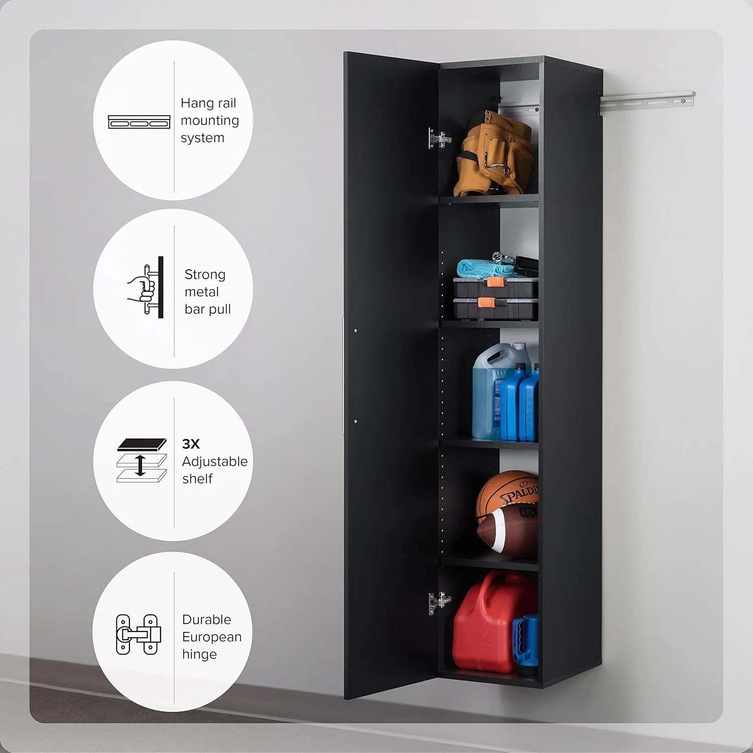 Prepac HangUps Narrow Wall Mounted Garage Storage Cabinet, Tall Storage Organizer Cabinet, 15" W x 72" H x 16" D, Black