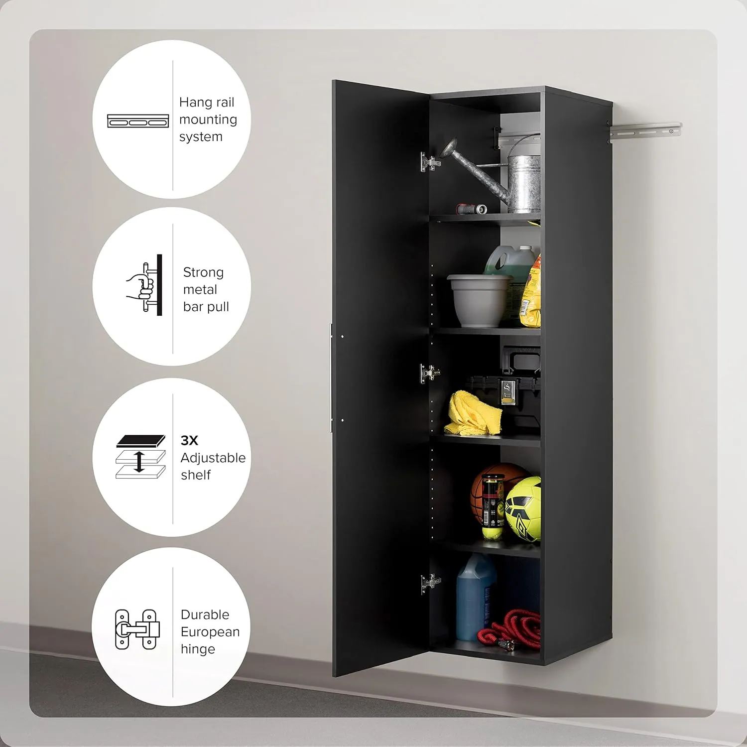 Prepac HangUps Narrow Wall Mounted Garage Storage Cabinet, Tall Storage Organizer Cabinet, 18" W x 72" H x 20" D, Black