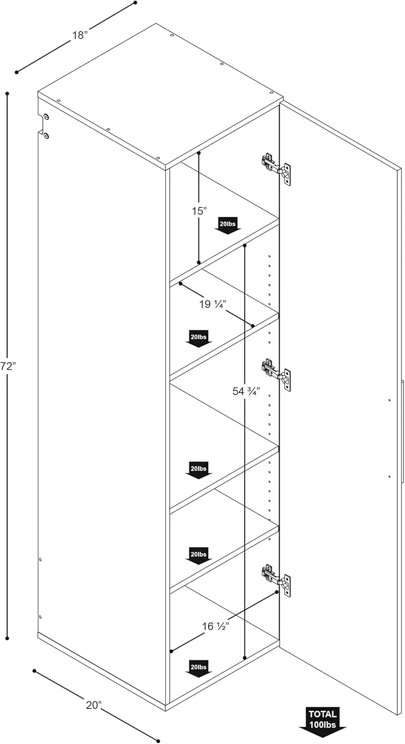 Prepac HangUps Narrow Wall Mounted Garage Storage Cabinet, Tall Storage Organizer Cabinet, 18" W x 72" H x 20" D, Light Gray