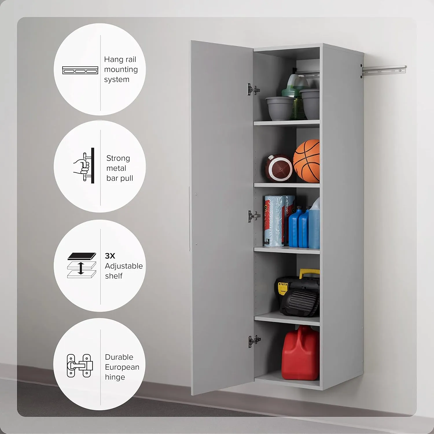 Prepac HangUps Narrow Wall Mounted Garage Storage Cabinet, Tall Storage Organizer Cabinet, 18" W x 72" H x 20" D, Light Gray