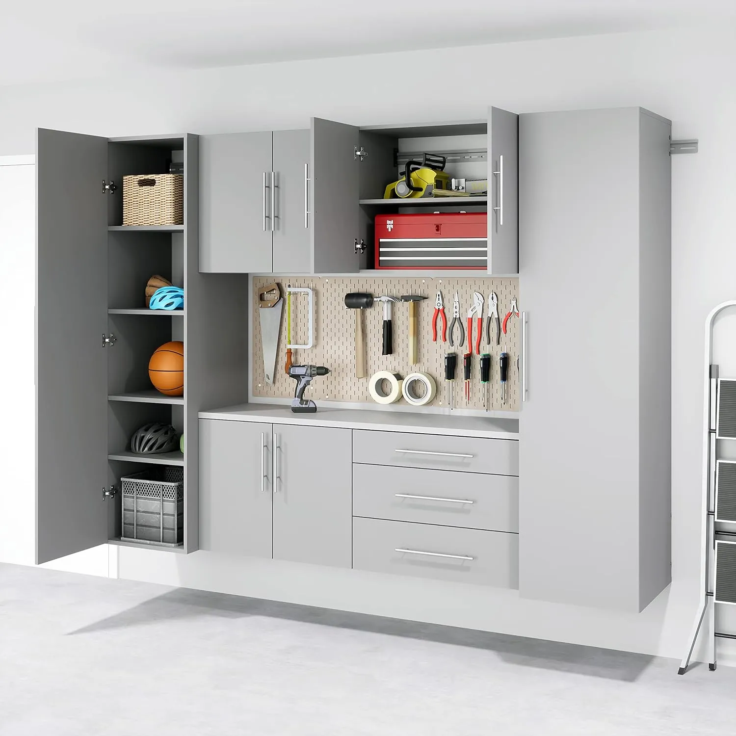 Prepac HangUps Narrow Wall Mounted Garage Storage Cabinet, Tall Storage Organizer Cabinet, 18" W x 72" H x 20" D, Light Gray